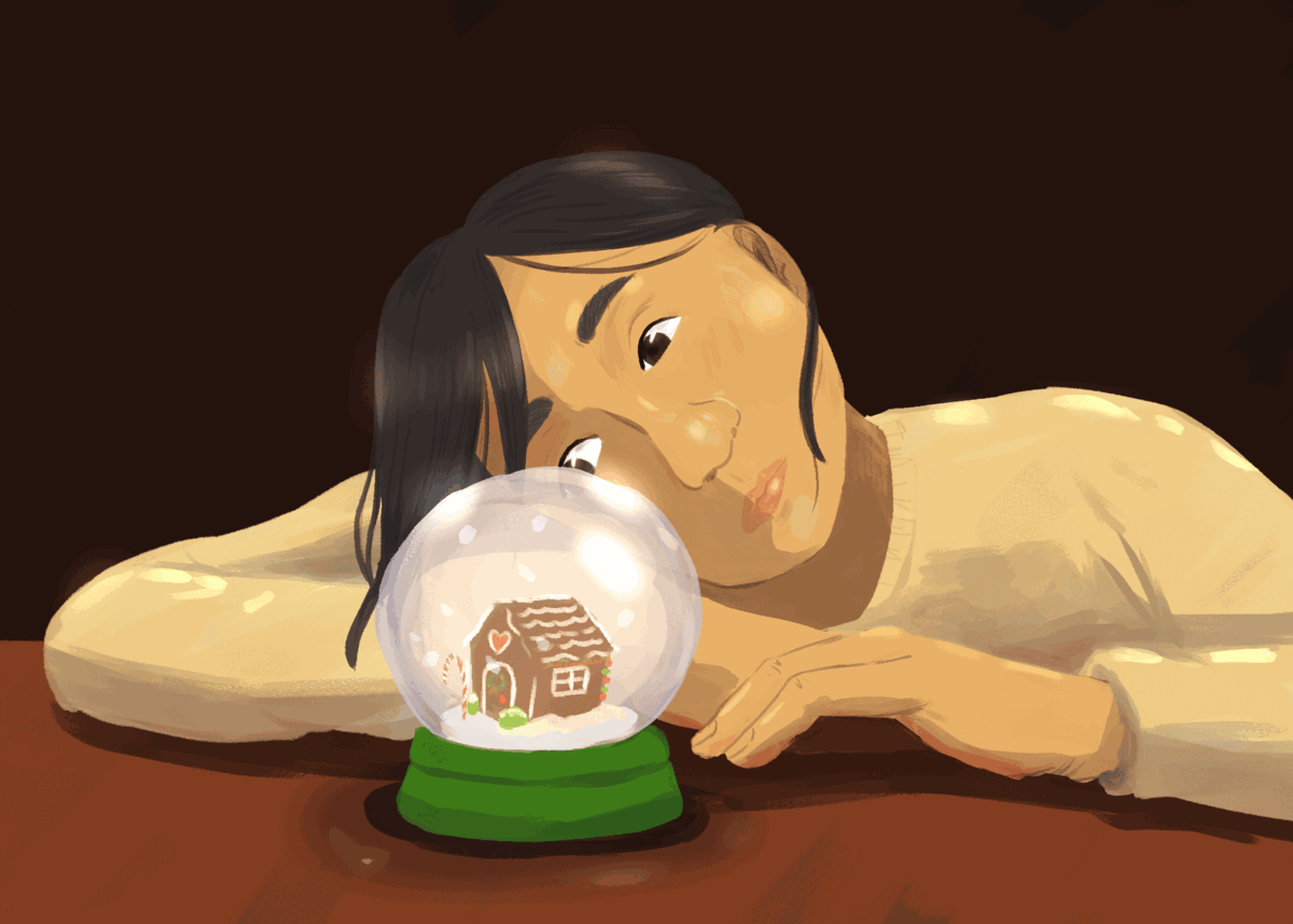 animated illustration of an east Asian person leaned over with long hair looking in a snow globe.