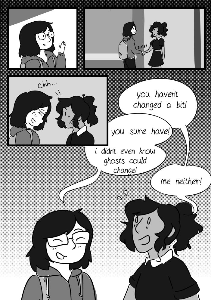 black and white illustration of two girls smiling and laughing with each other.