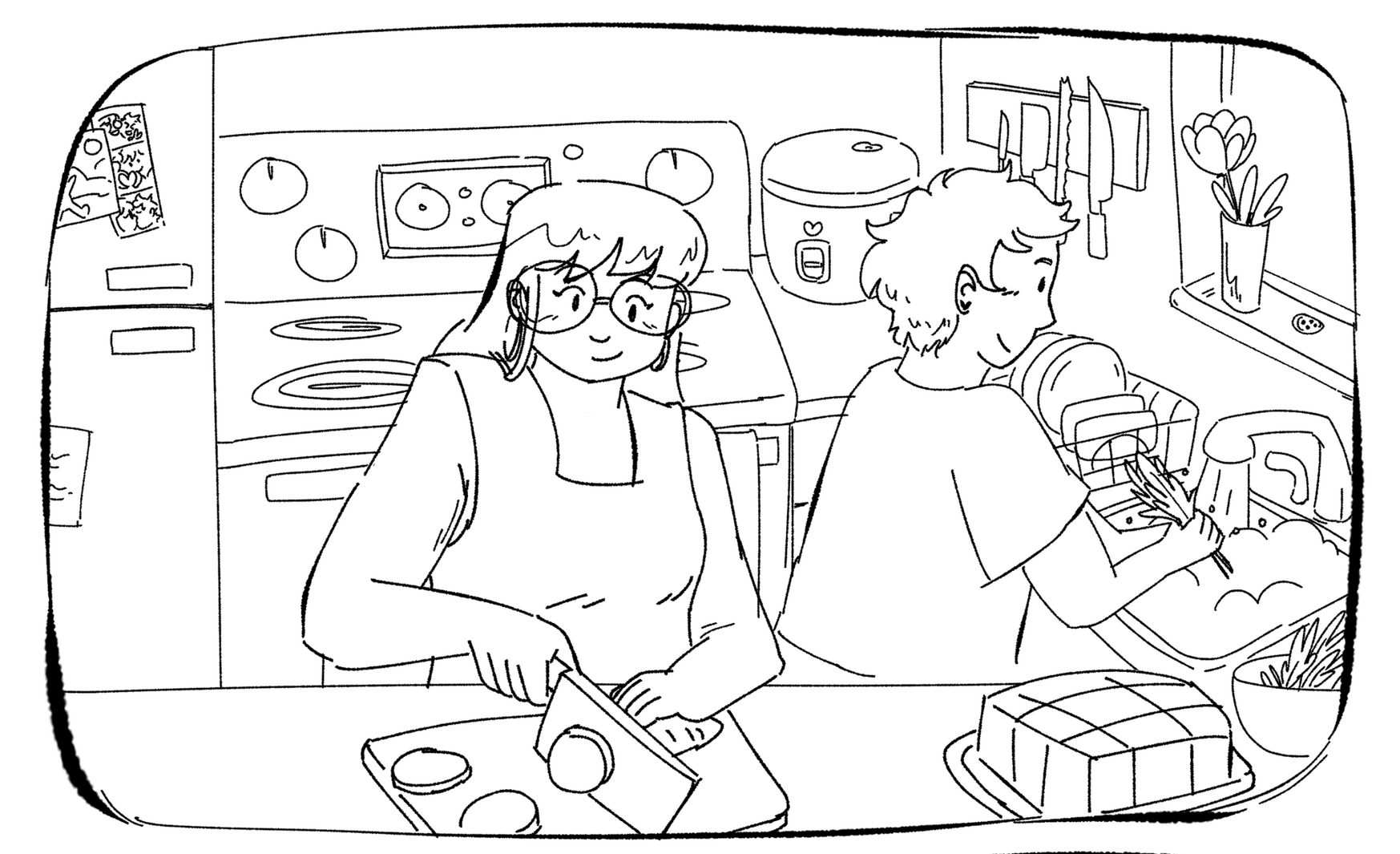black and white comic of two girls around hotpot. The illustration style is loose and swirly.