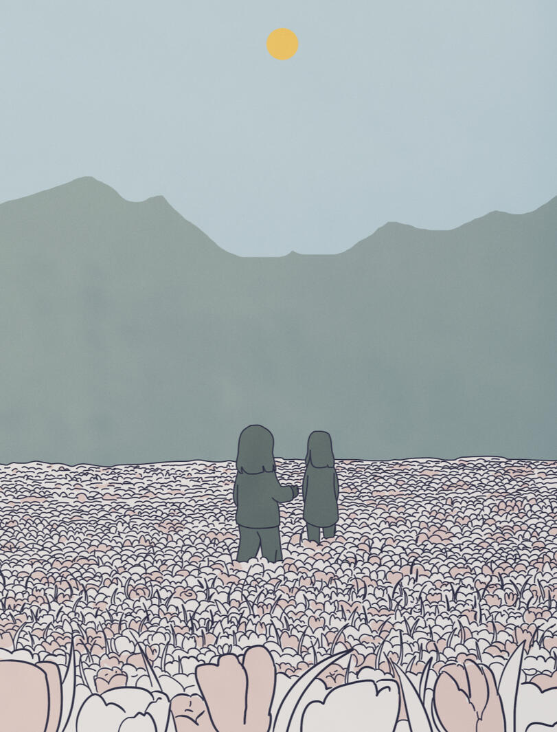 limited palette illustration of two people in a field of flowers. in the distance are mountains and a dull sun.