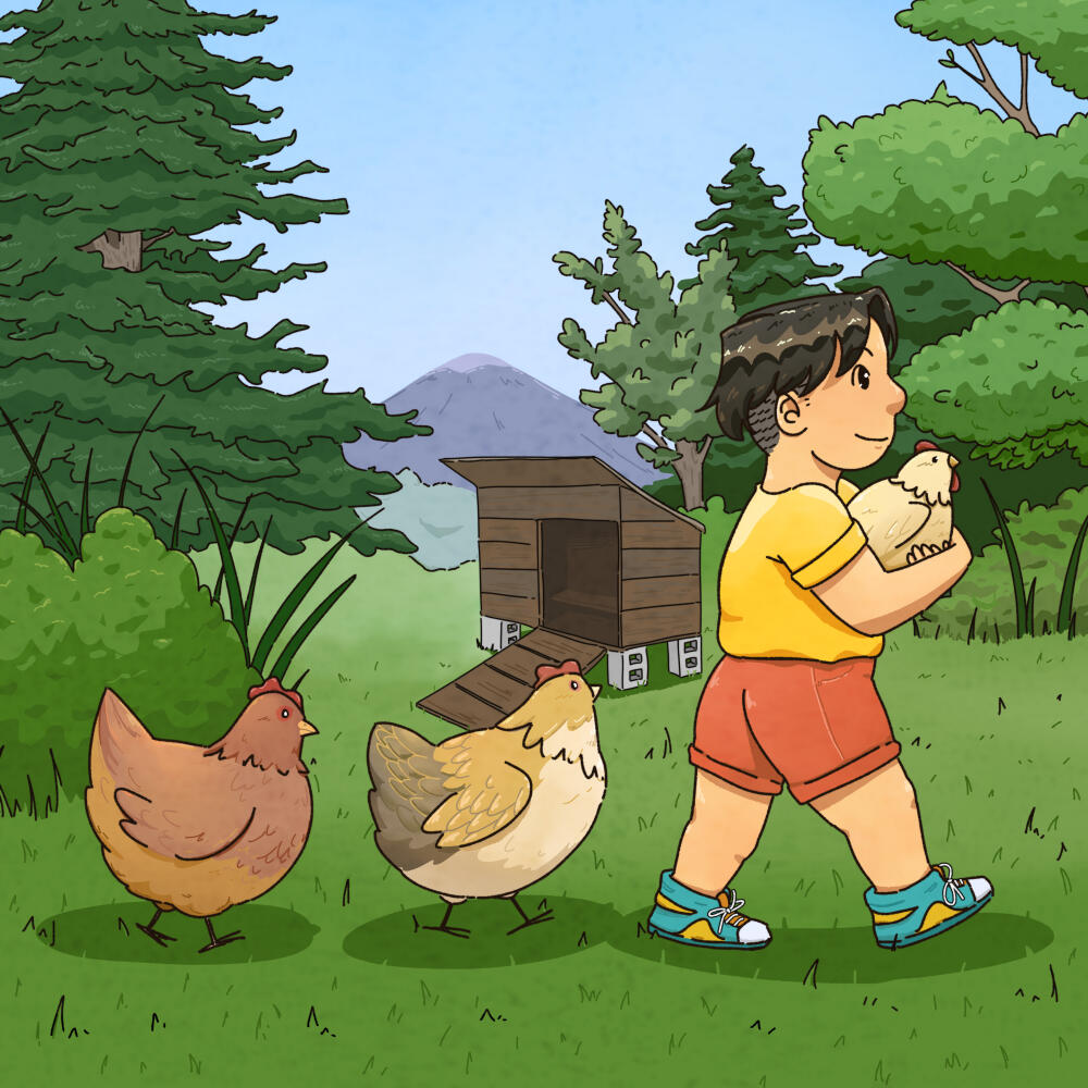 cartoony illustration of a east asian person holding a chicken in their arms with two chickens following behind them. In the background are trees and a small chicken coop.