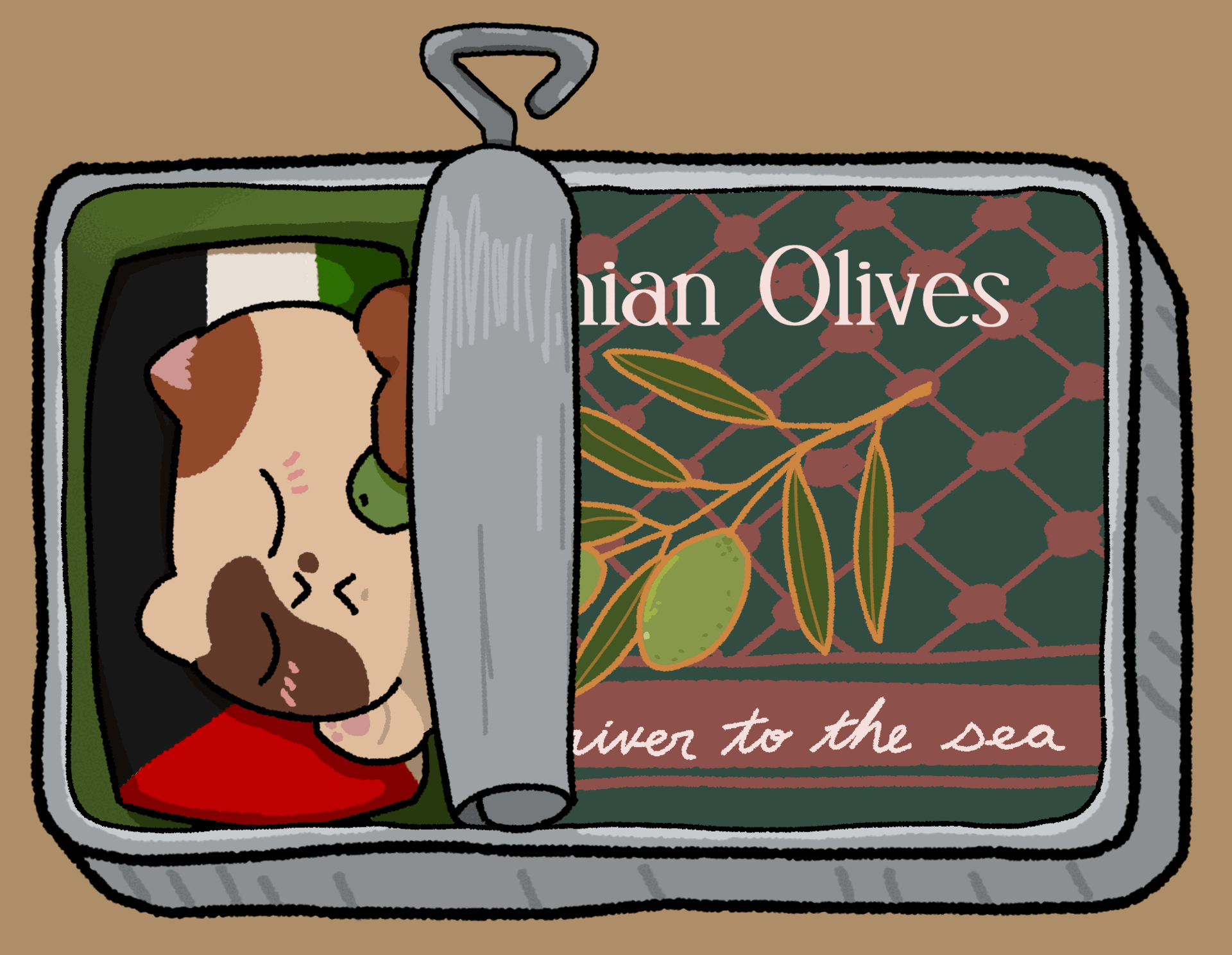 illustrated gif of a cat sleeping inside an olive tin labeled "Palestinian Olives" "from the river to the sea"