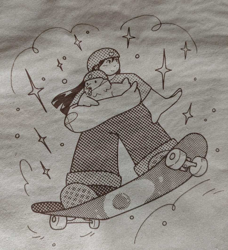 picture of an illustration screen printed on canvas. The illustration depicts a girl holding a chicken on a skateboard, surrounded by sparkles.